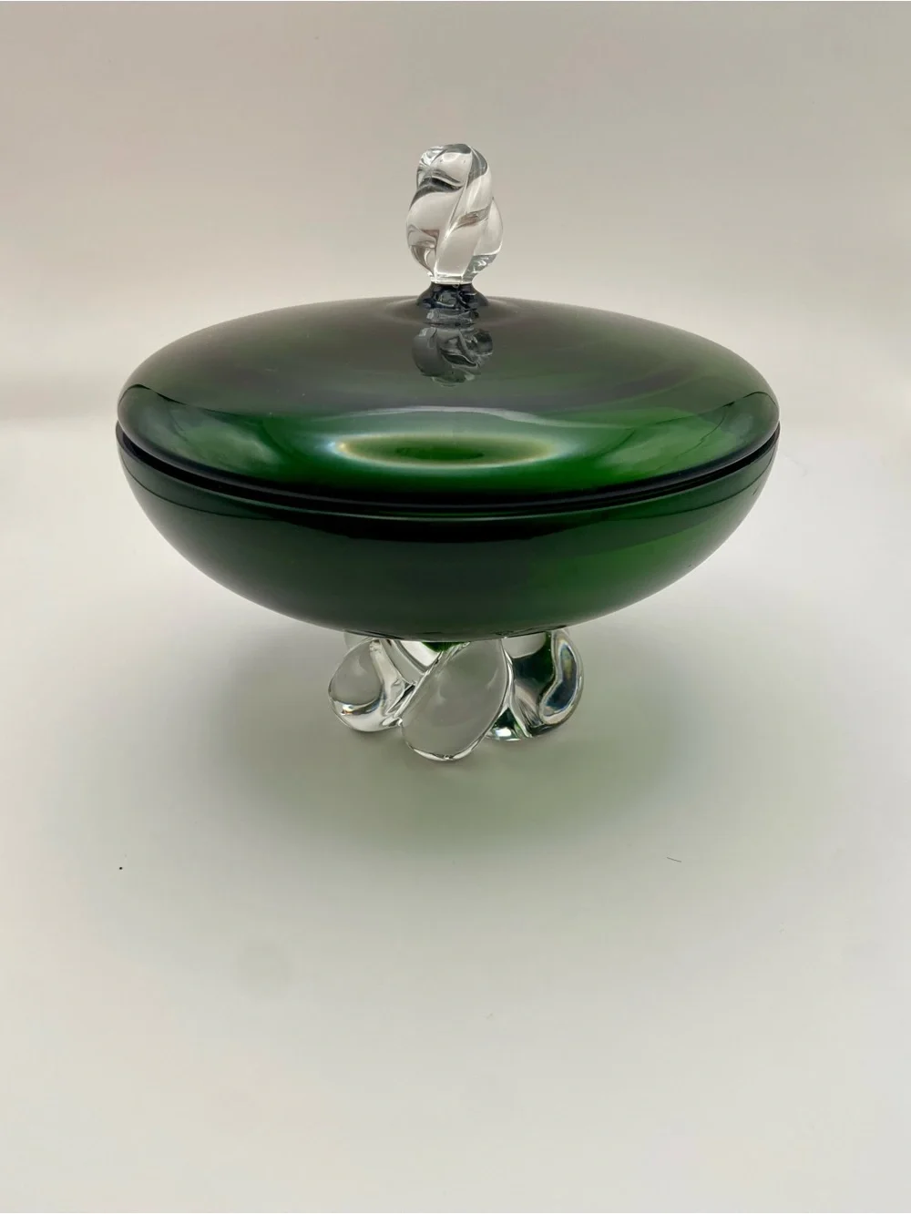 Vintage Seda Sweden Studio Glass Bonbonniere Green Clear Lidded Trinket Dish MCM